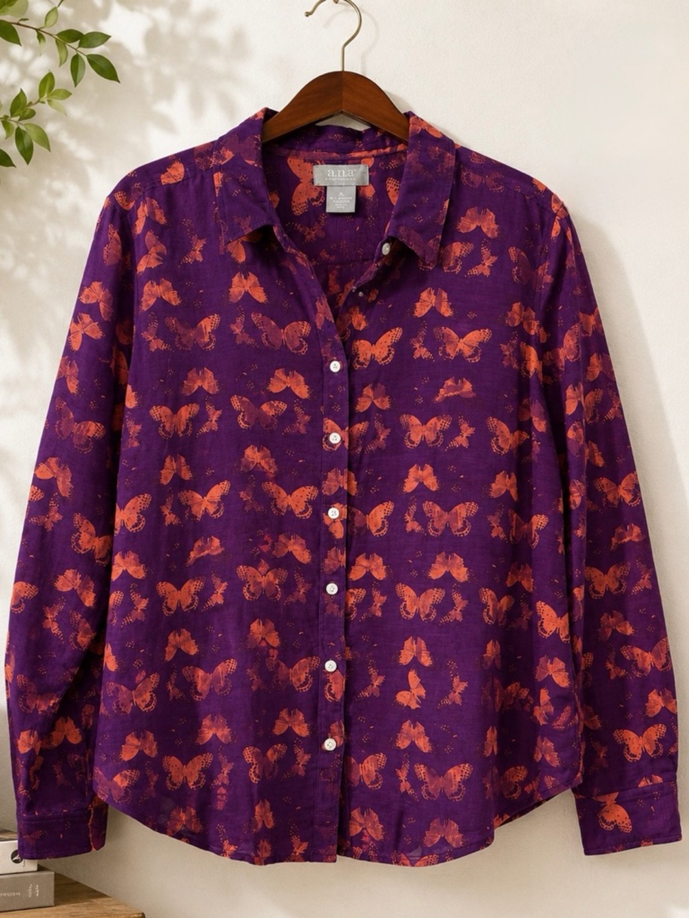 JCP Whimsical Silk Cotton Butterfly Button Front Blouse Purple Orange XL